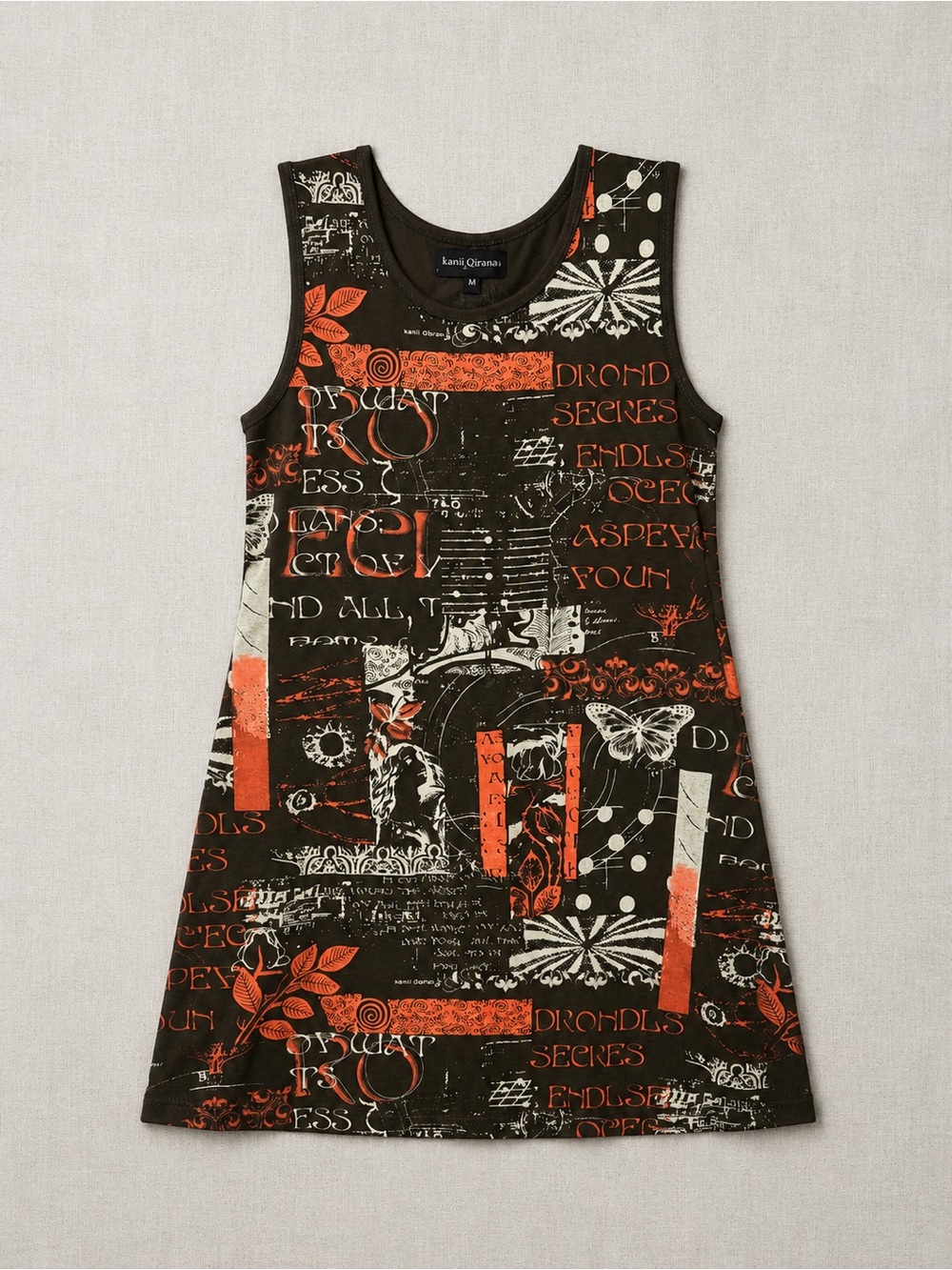 Temptations Black Mini Dress with Orange and Cream Graphic Print